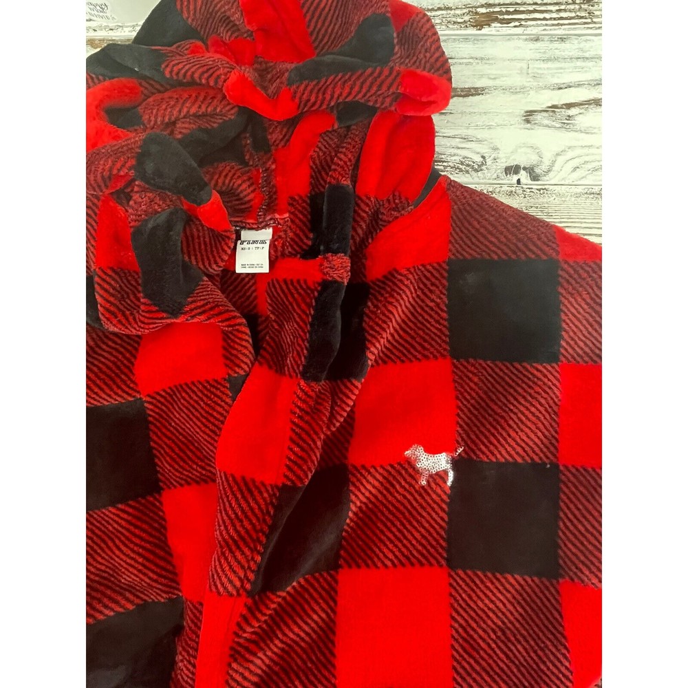 Victoria's Secret Pink Robe Bling Sequin Dog Plush Fleece Plaid Hood Size XS/S - Picture 5 of 8